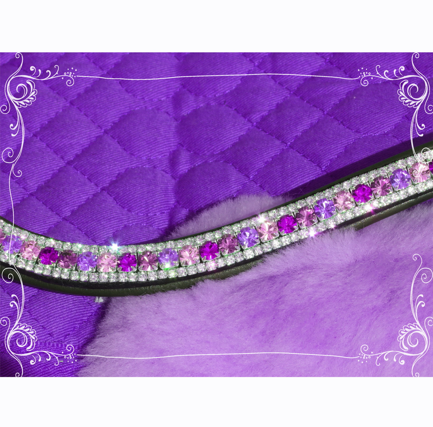thumbnail image 2 of Custom Made FSS 6mm Crystal Violet Lilac Purple Bling Browband – Padded Curve V Style Leather 2 of 6