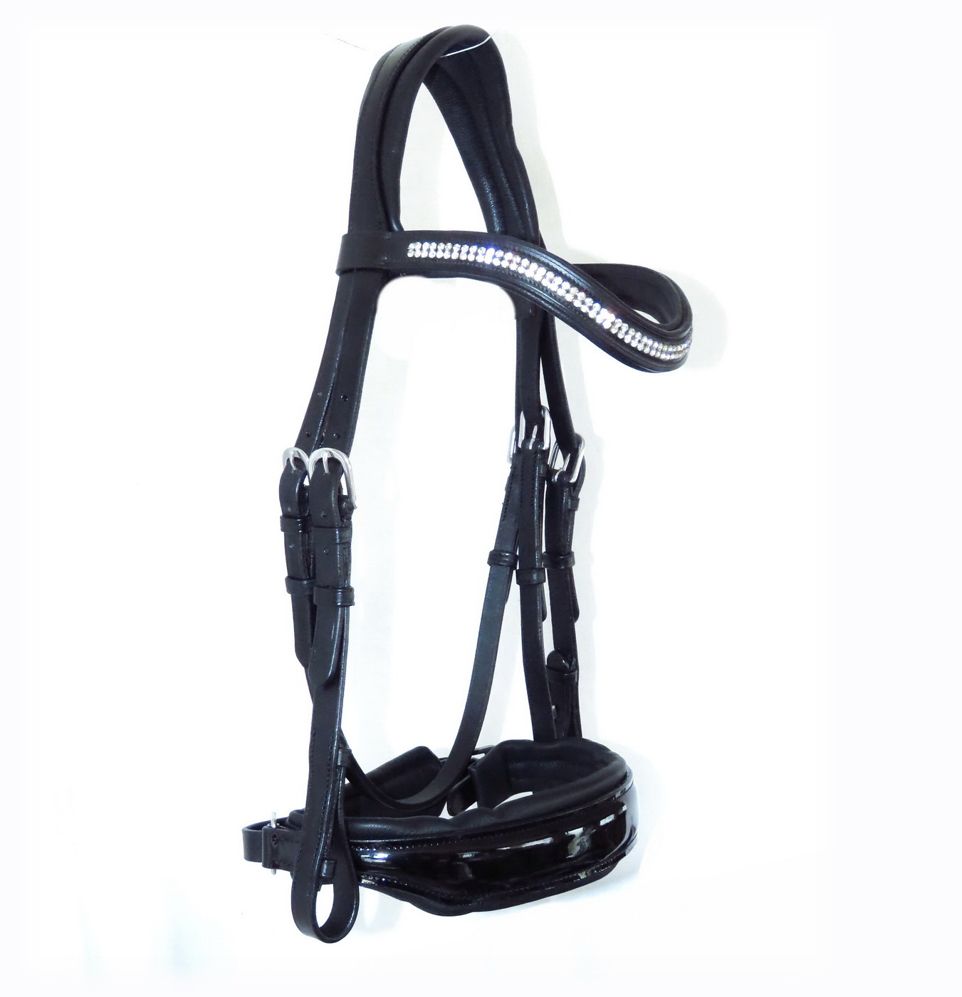 thumbnail image 2 of FSS Freeform Anatomical Dressage Bridle – GLOW Crystal BLING White Stitch Cut Away PATENT – Black Leather 2 of 4